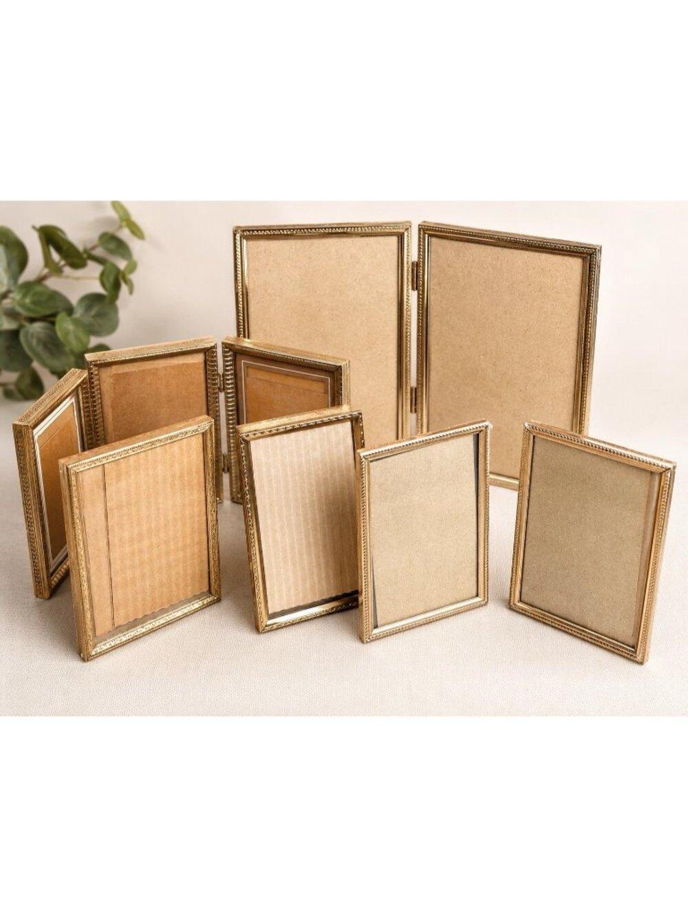 Vintage Picture Frame Lot Gold Tone Metal Tabletop Multi Etched Folding Hinged